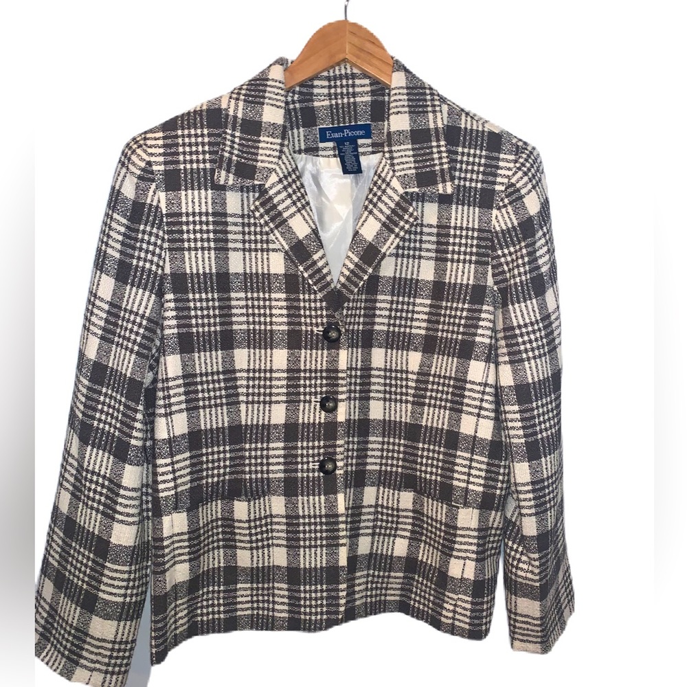 Evan-Picone Plaid Checkered Taupe & Cream Jacket Size 12 Size